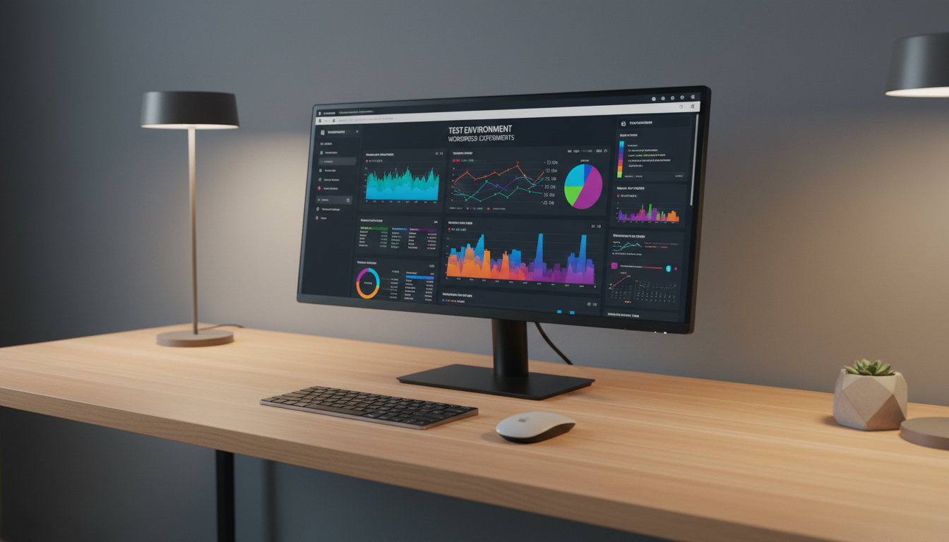 A sleek, modern workspace featuring a minimalist computer monitor with a vibrant testing dashboard displayed on the screen, accompanied by a wireless keyboard and mouse. The desk is uncluttered, made of smooth light oak with subtle grain textures. The workspace sits against a neutral, matte gray wall with a soft glow from a nearby table lamp creating ambient, even lighting. The atmosphere is calm, organized, and geared towards experimentation, capturing a sense of focus and creative exploration. Shot from a slightly elevated, off-center angle with a shallow depth of field for a clean and modern look, supporting a personal site dedicated to testing and WordPress experimentation.